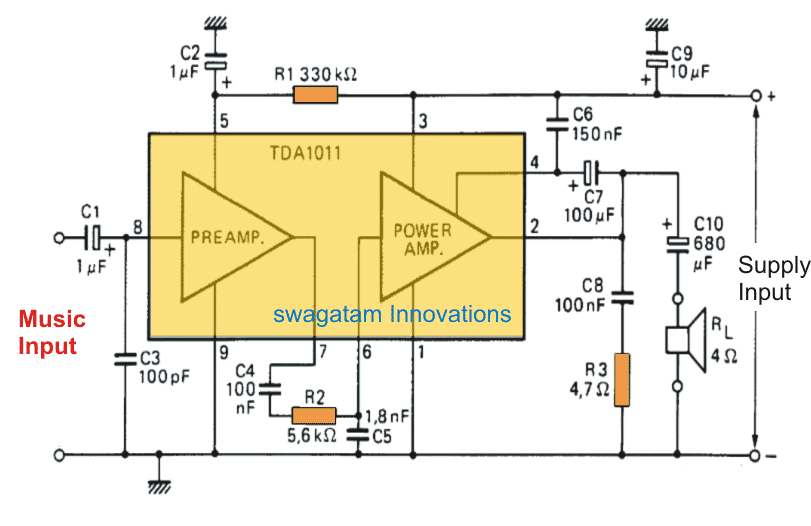 使用TDA1011的6瓦音频放大器电路